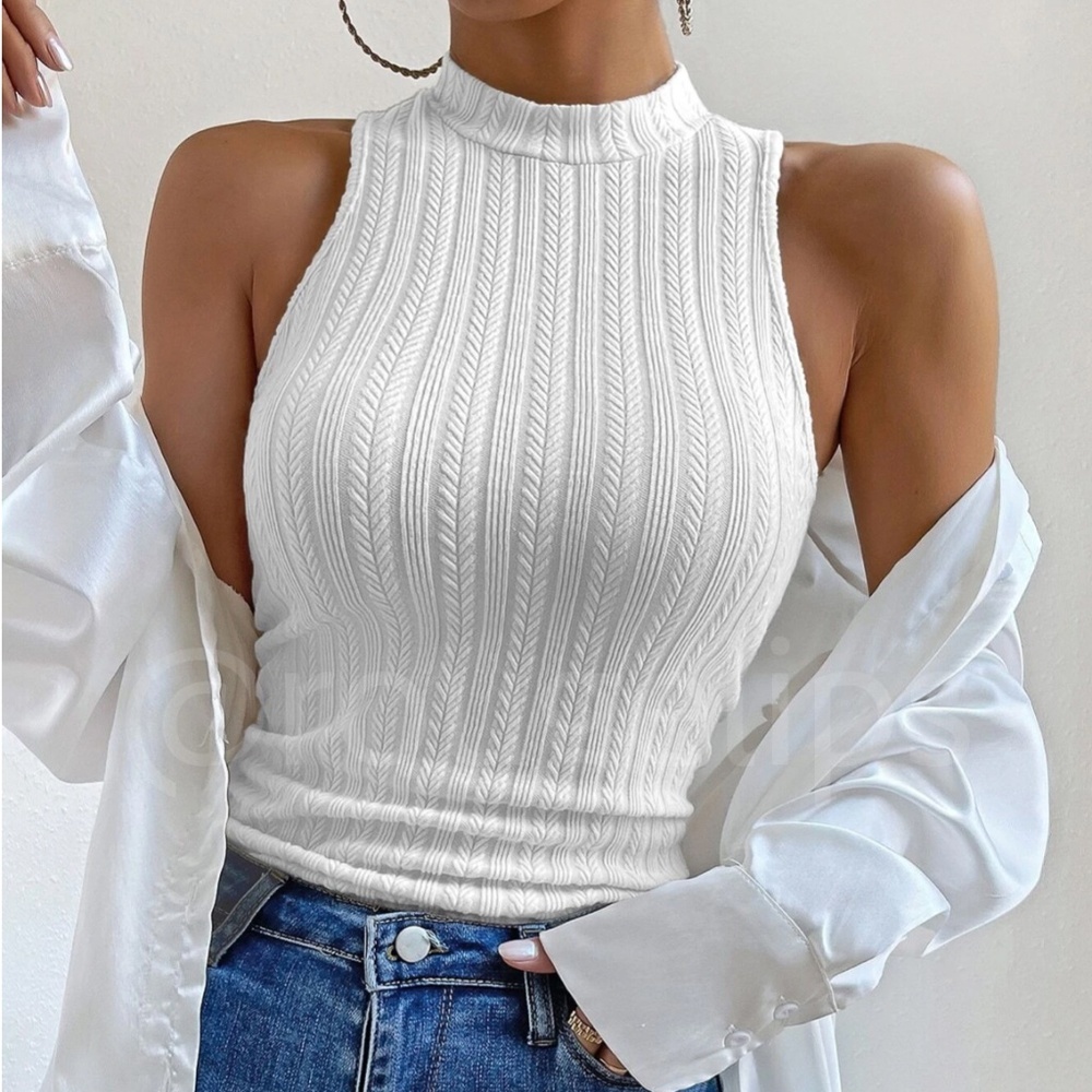 White Textured High Neck Sleeveless Tank Top Slim Fit Stretchy